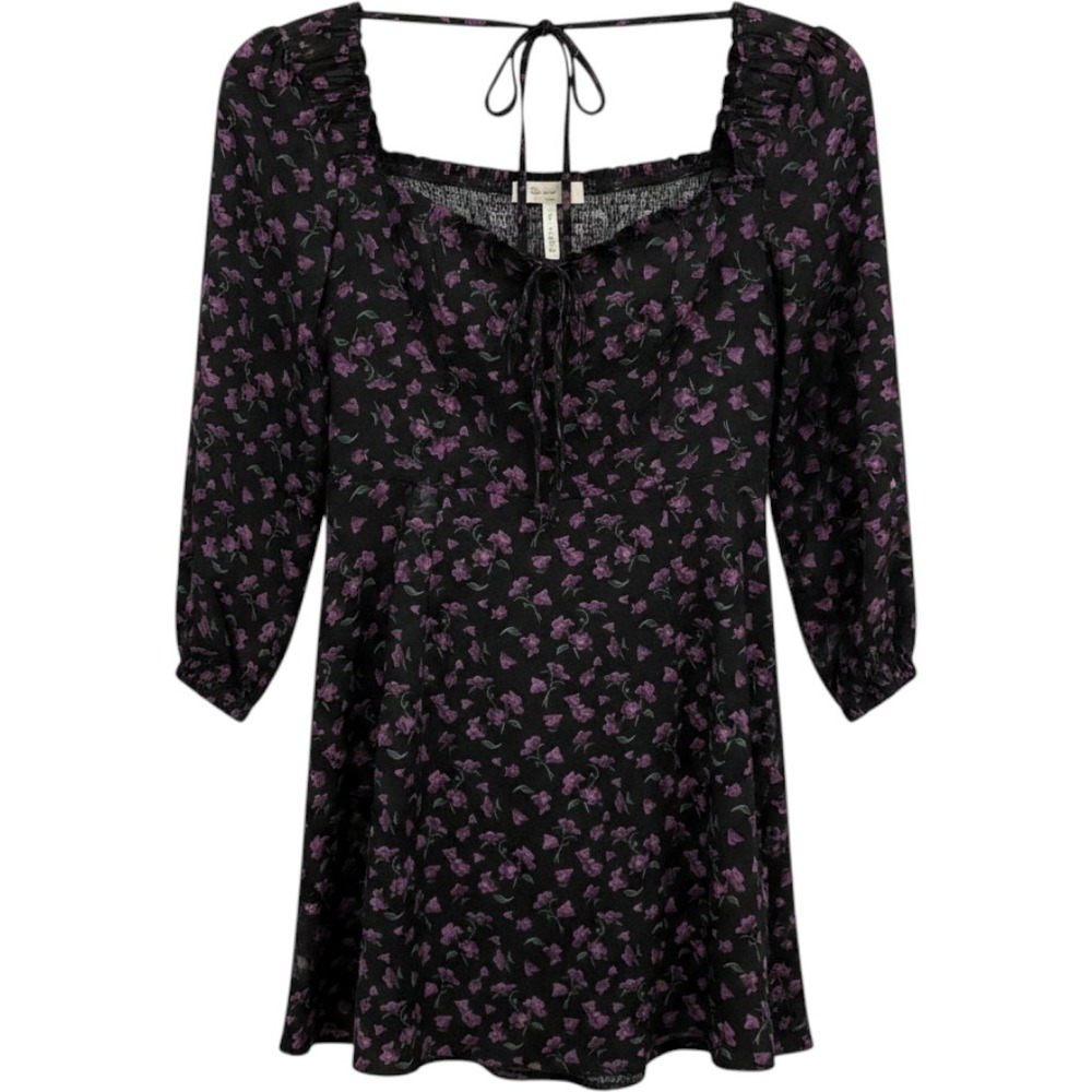 Doe and Rae Purple Floral Long Sleeve Mini Dress Black Smocked Back Small‎